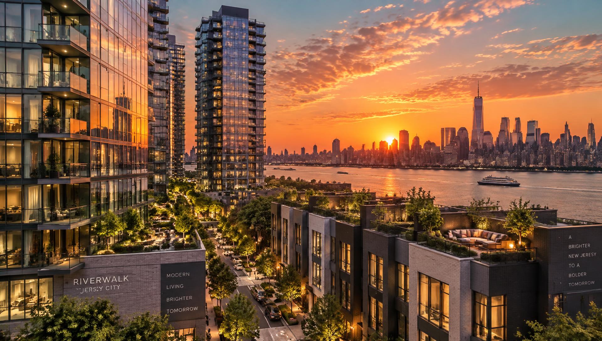 North New Jersey waterfront condo towers at dusk with the Manhattan skyline